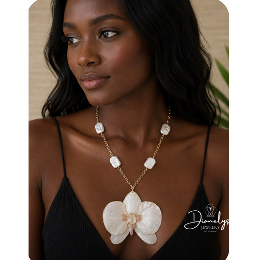 Real Orchid Necklace with Cultured Pearls  Natural Flower Jewelry Handmade Botanical Pendant