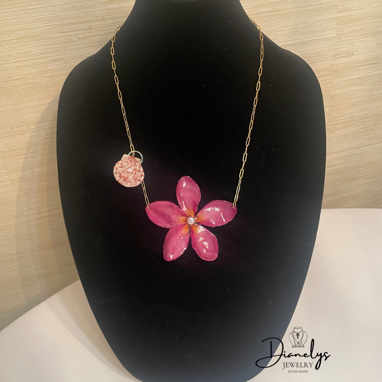 Real Plumeria Flower & Pearl Shell Necklace Multi-Directional Handmade