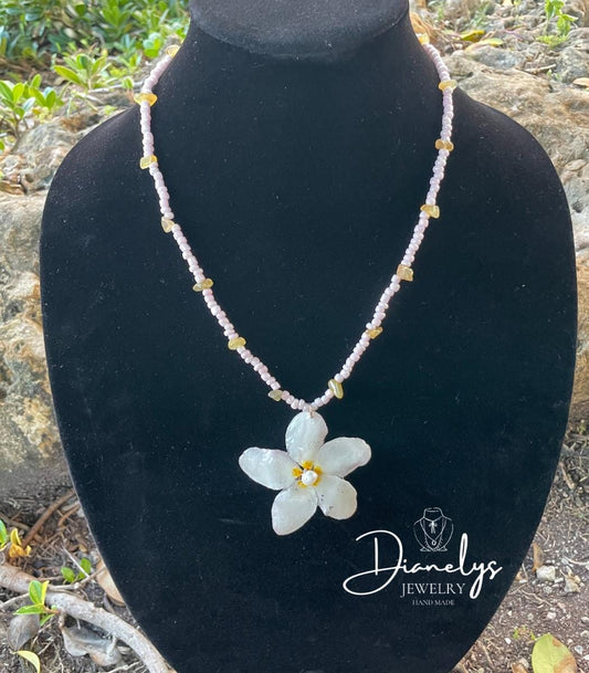 Floral Resin Pendant Necklace White with Purple Hint Tones Handmade Only 1