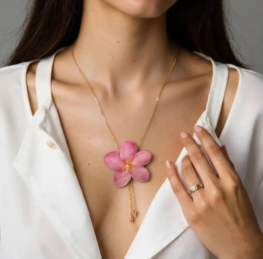 Handmade Resin Plumeria Flower Necklace, Gold Chain Botanical Jewelry