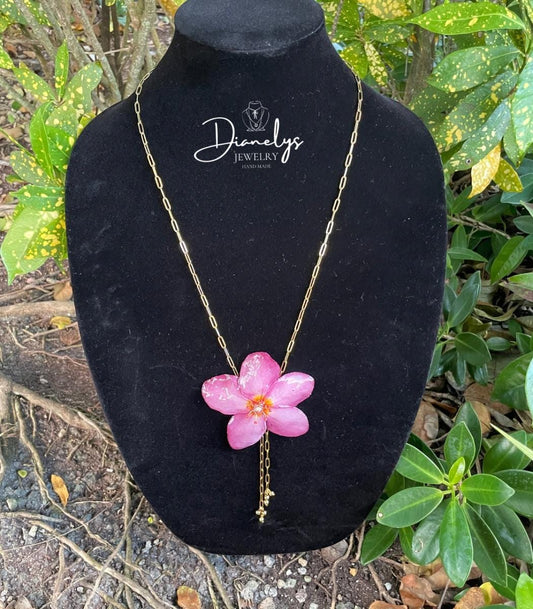 Handmade Resin Plumeria Flower Necklace, Gold Chain Botanical Jewelry
