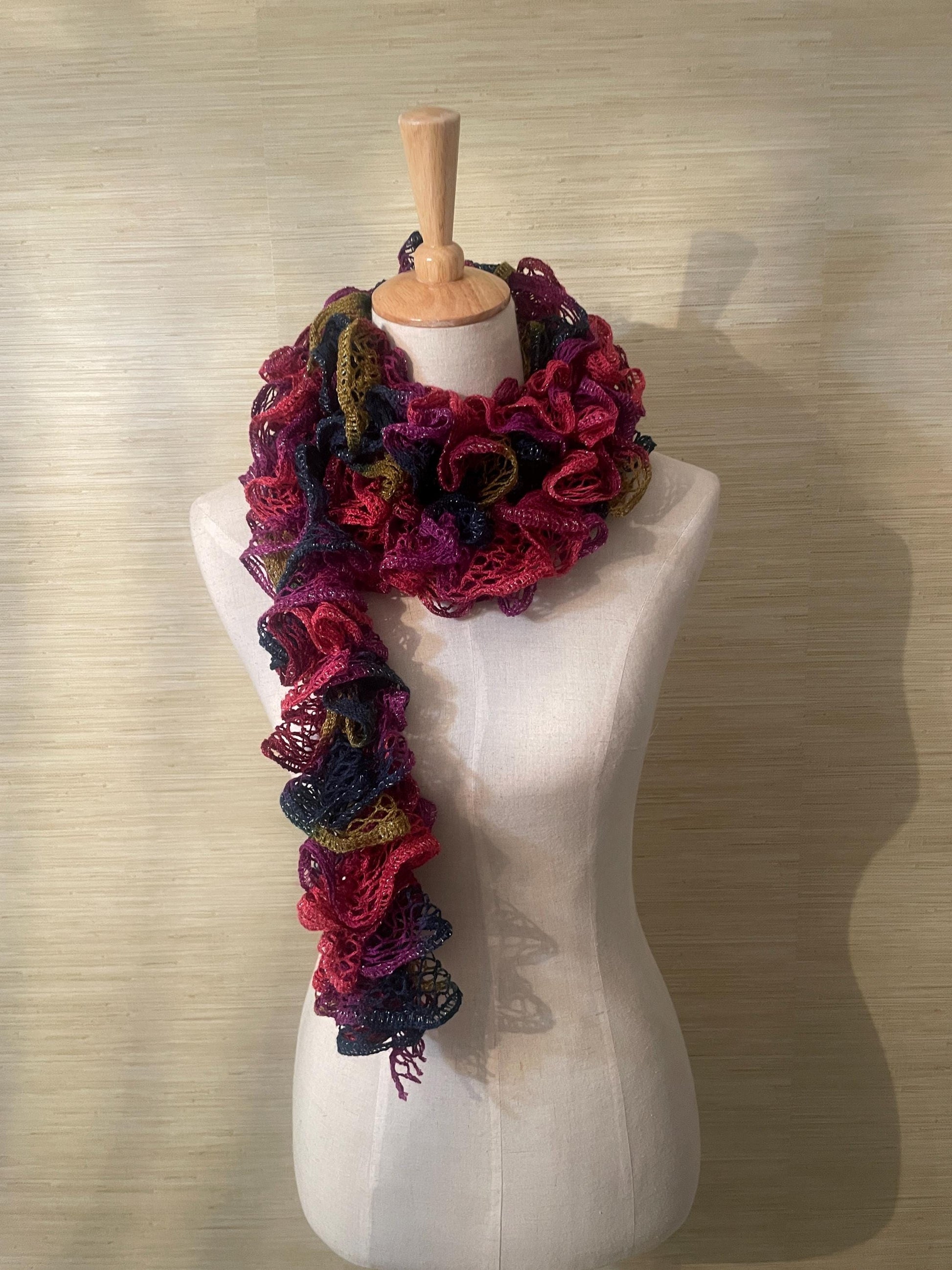 Handmade Ruffle Scarf Multicolor Lace Knit 5 Tones