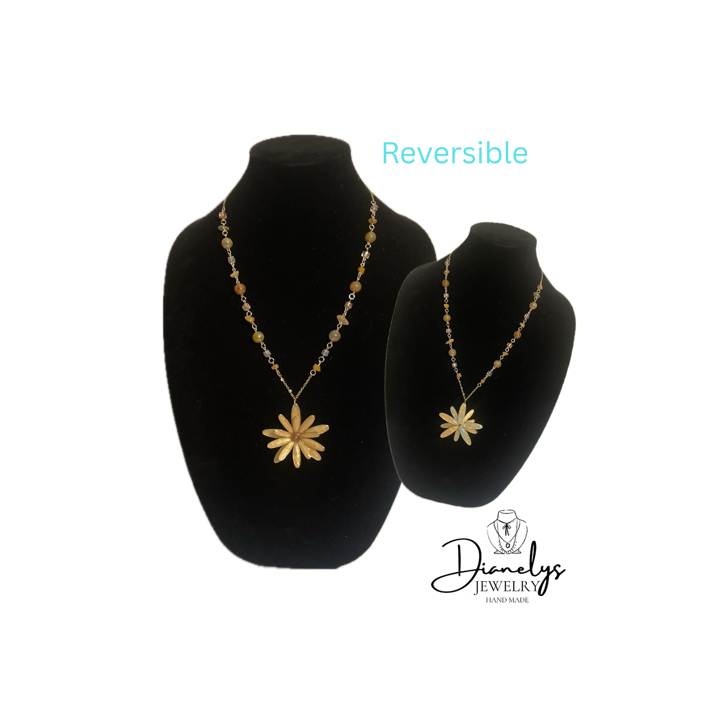 Lily Flower Reversible Pendant Necklace Yellow & Aqua Back Handcrafted