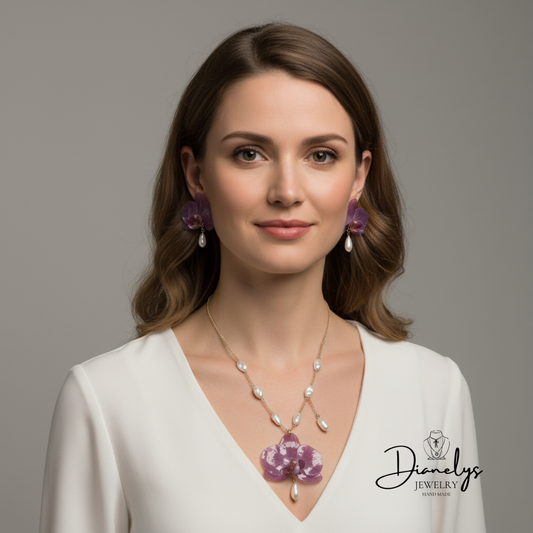 Purple Orchid Flower Jewelry Set Necklace & Earrings with Faux Pearls