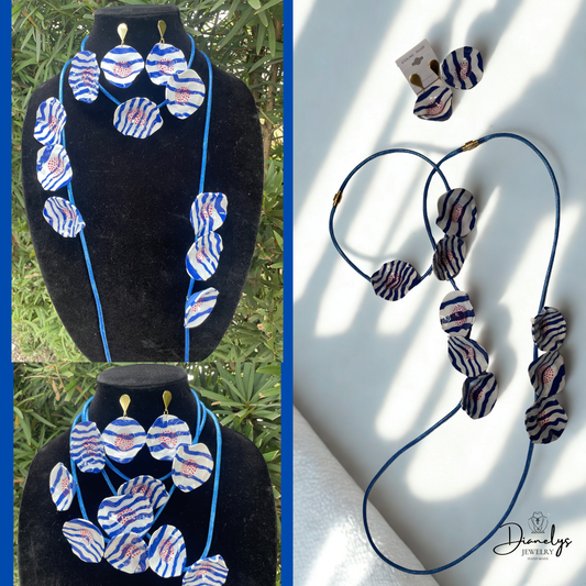 Blue and White Statement Jewelry Set Handmade Necklace, Choker & Earrings Bold Artistic Resin Se