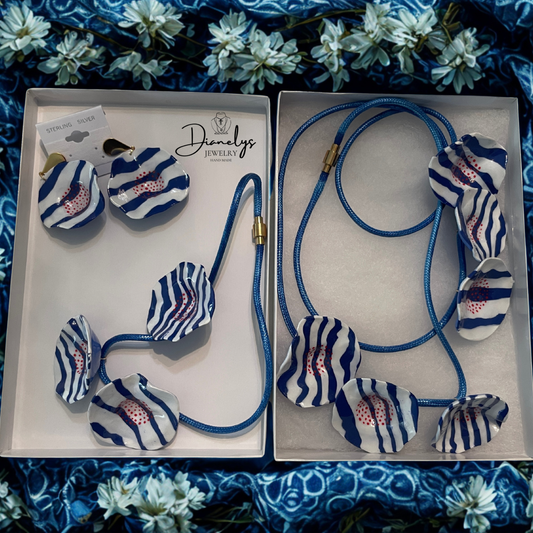 Blue and White Statement Jewelry Set Handmade Necklace, Choker & Earrings Bold Artistic Resin Se