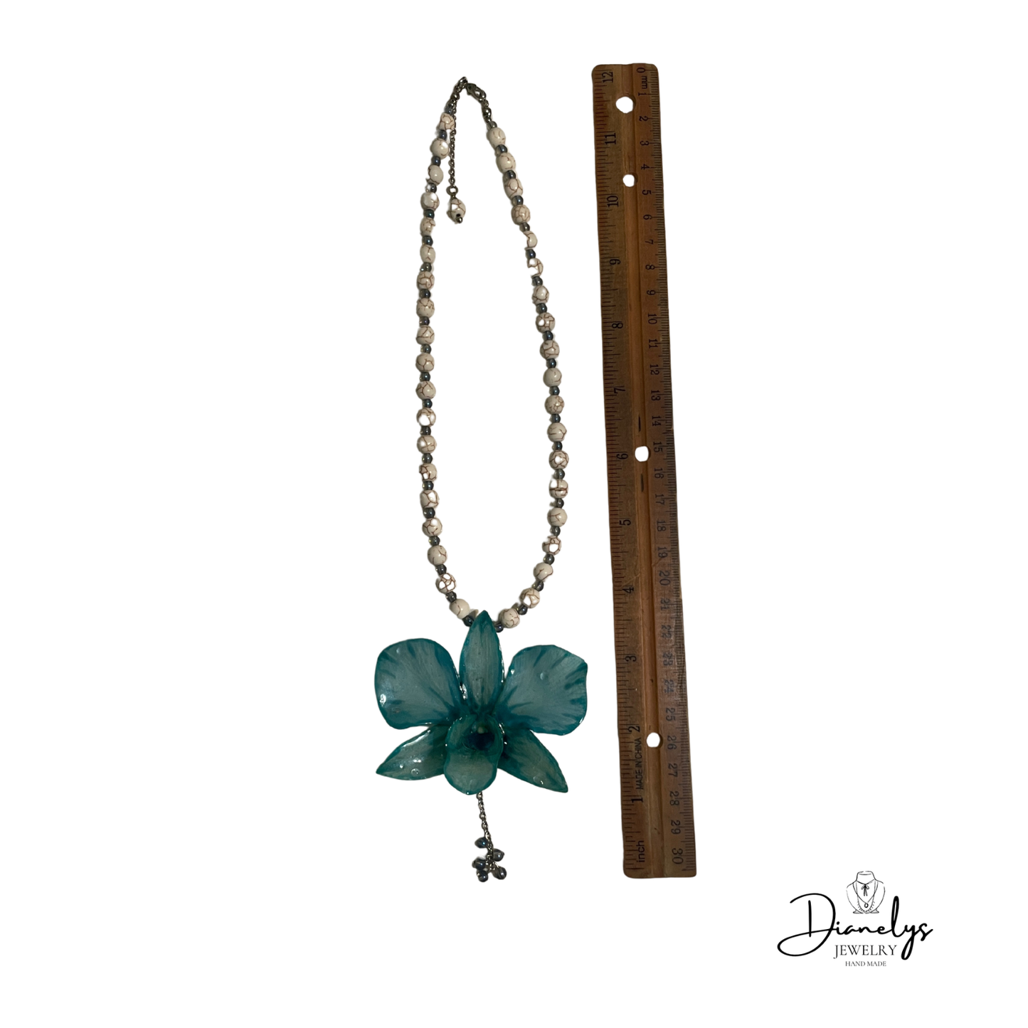 Teal Orchid Statement Necklace Real Flower Pendant Handmade Beaded Necklace Bold Floral Jewelry One of a Kind Gift for Her