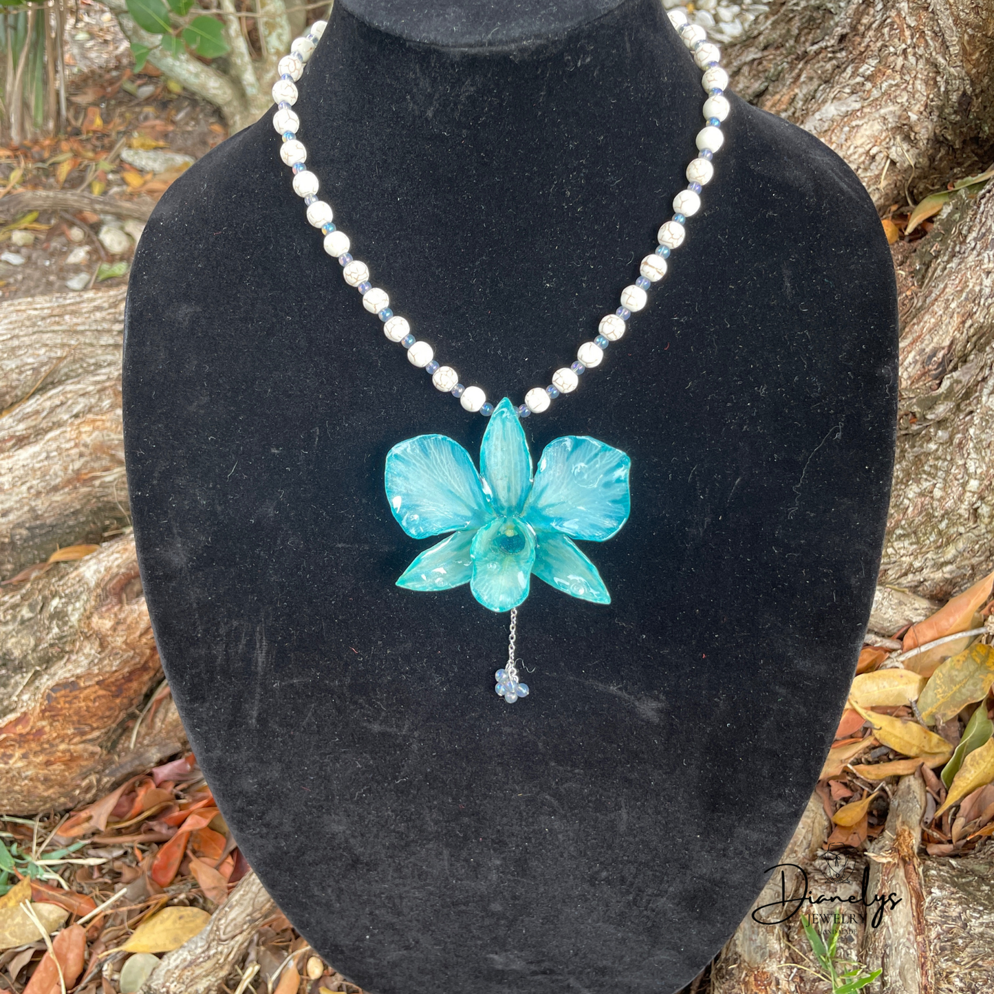Teal Orchid Statement Necklace Real Flower Pendant Handmade Beaded Necklace Bold Floral Jewelry One of a Kind Gift for Her