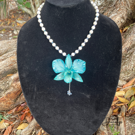 Teal Orchid Statement Necklace Real Flower Pendant Handmade Beaded Necklace Bold Floral Jewelry One of a Kind Gift for Her