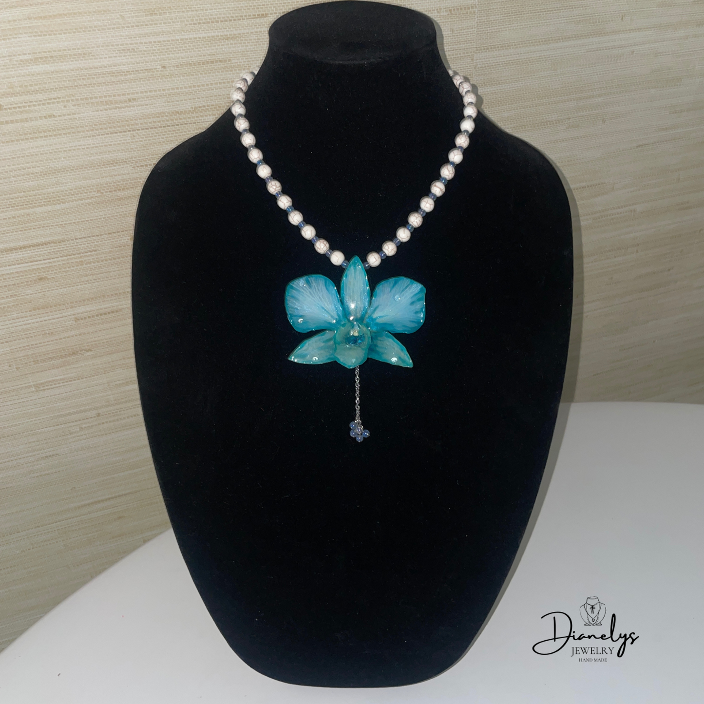 Teal Orchid Statement Necklace Real Flower Pendant Handmade Beaded Necklace Bold Floral Jewelry One of a Kind Gift for Her