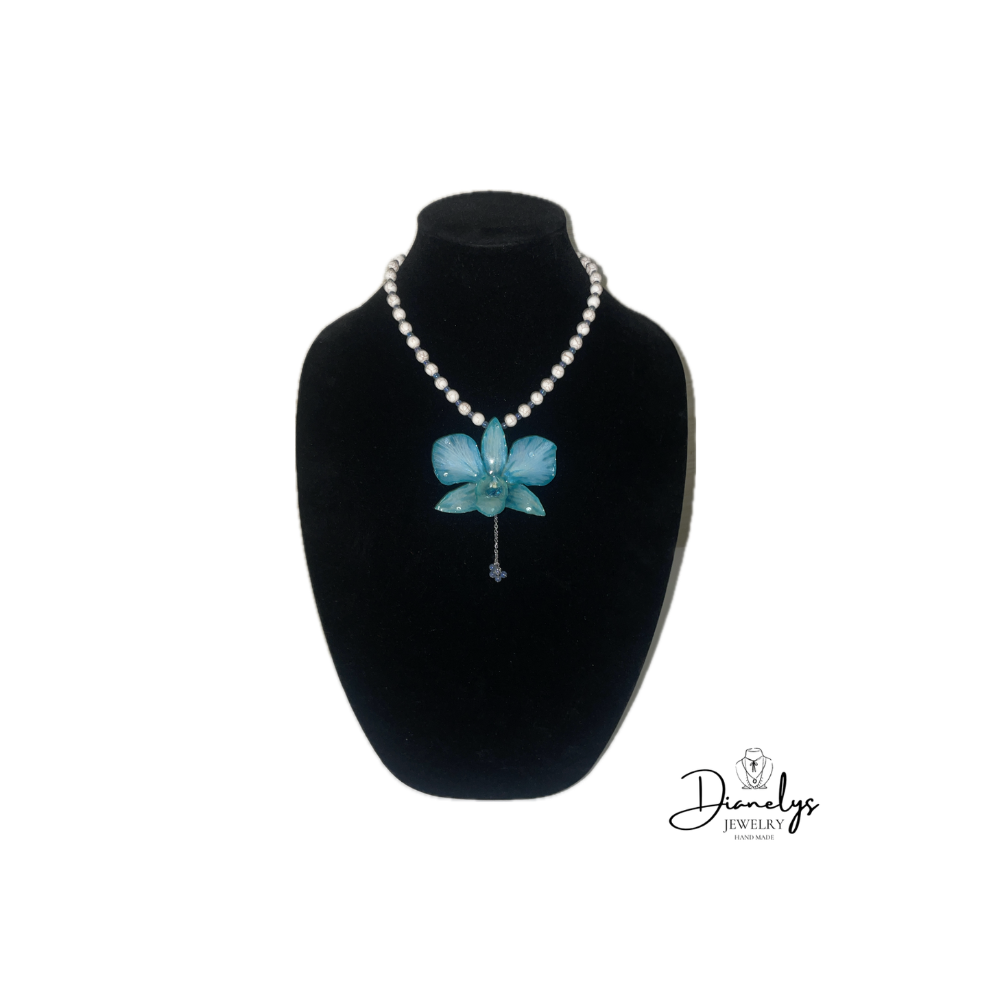 Teal Orchid Statement Necklace Real Flower Pendant Handmade Beaded Necklace Bold Floral Jewelry One of a Kind Gift for Her