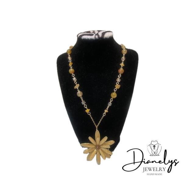 Lily Flower Reversible Pendant Necklace Yellow & Aqua Back Handcrafted