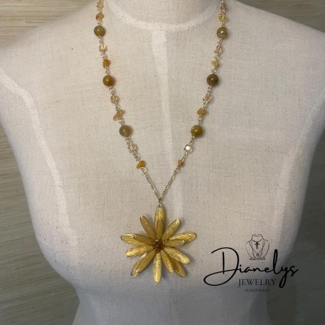 Lily Flower Reversible Pendant Necklace Yellow & Aqua Back Handcrafted