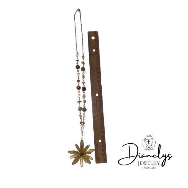 Lily Flower Reversible Pendant Necklace Yellow & Aqua Back Handcrafted