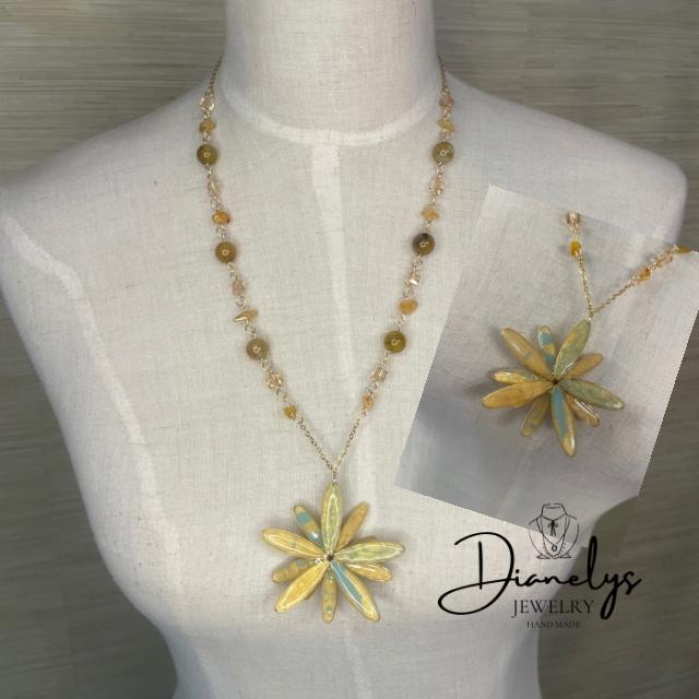Lily Flower Reversible Pendant Necklace Yellow & Aqua Back Handcrafted