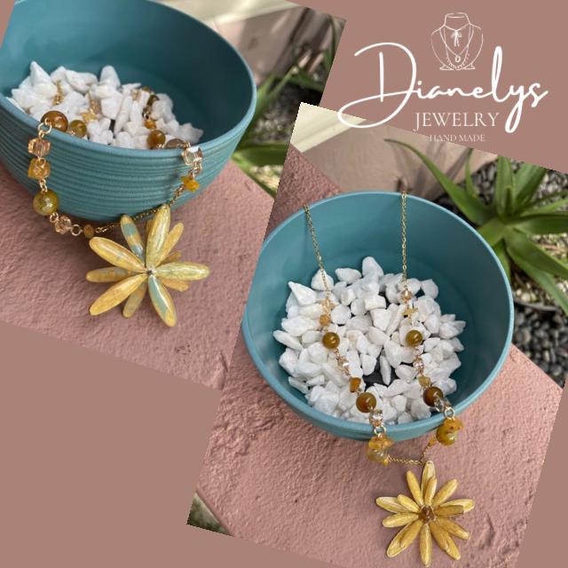 Lily Flower Reversible Pendant Necklace Yellow & Aqua Back Handcrafted