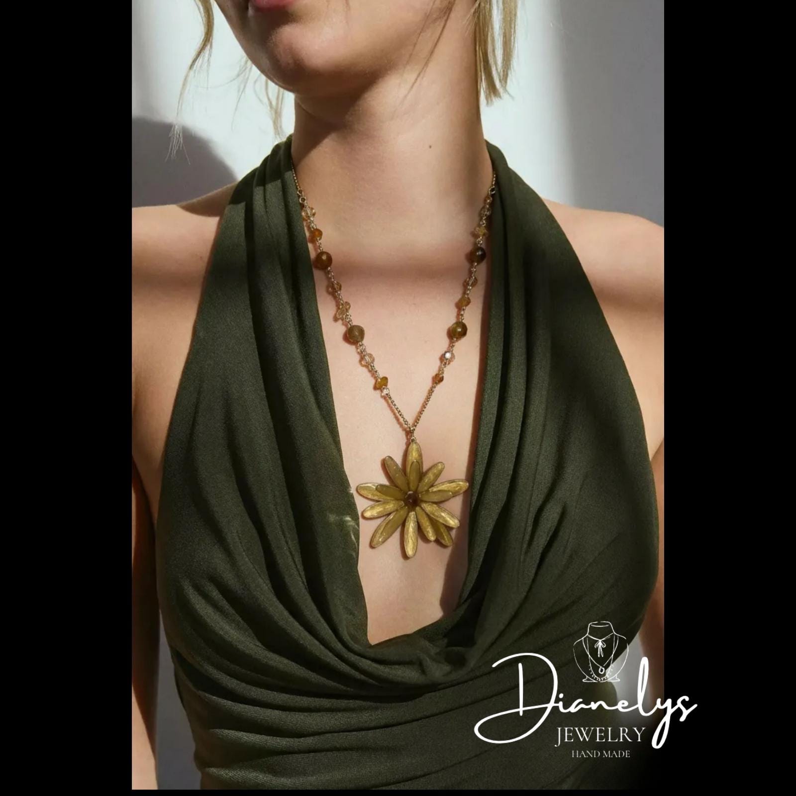 Lily Flower Reversible Pendant Necklace Yellow & Aqua Back Handcrafted