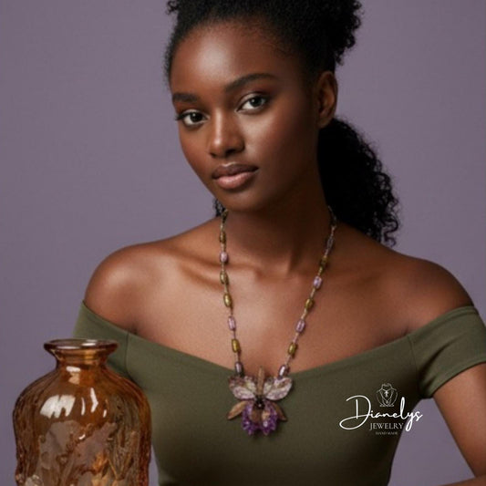 Orchid Flower Necklace Handmade Purple & Olive Beaded Statement Jewelry Only 1