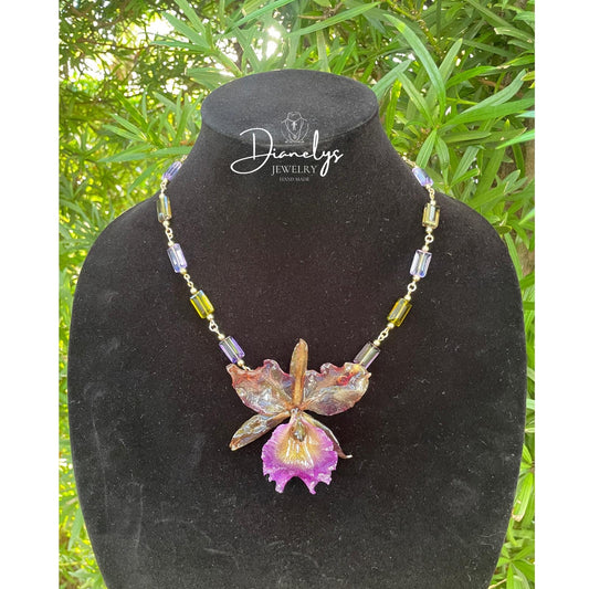 Orchid Flower Necklace Handmade Purple & Olive Beaded Statement Jewelry Only 1