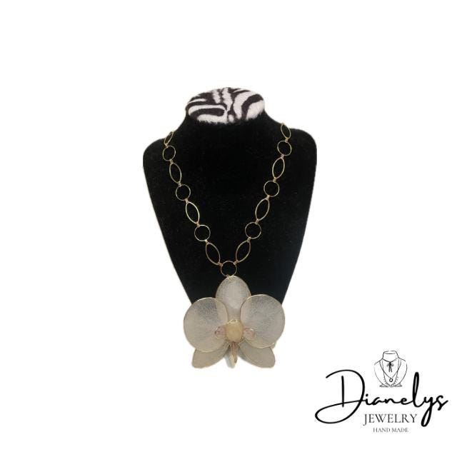 Orchid Necklace in Resin Handmade Gold Chain Pink and Gold Accents Botanical Jewelry Art