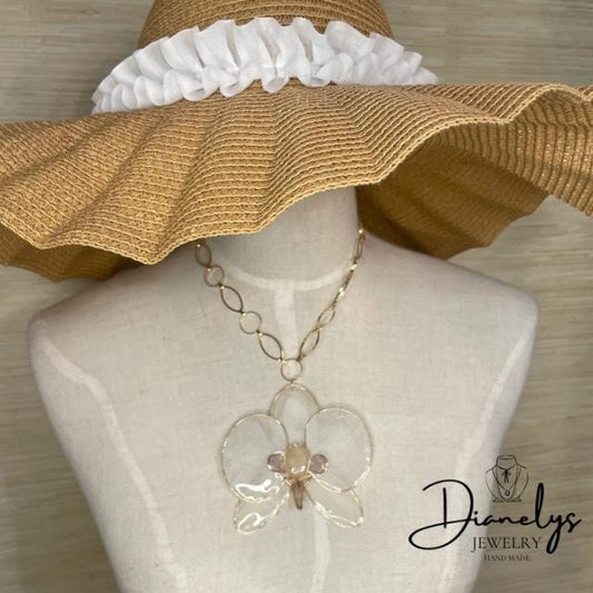 Orchid Necklace in Resin Handmade Gold Chain Pink and Gold Accents Botanical Jewelry Art