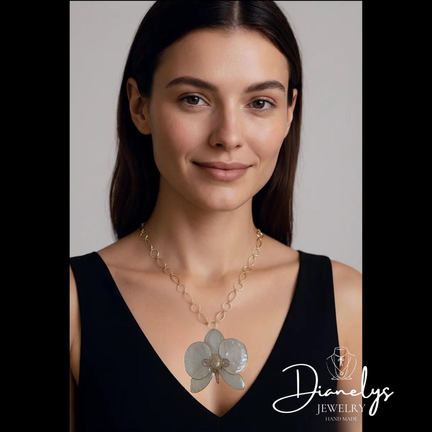 Orchid Necklace in Resin Handmade Gold Chain Pink and Gold Accents Botanical Jewelry Art