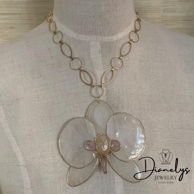 Orchid Necklace in Resin Handmade Gold Chain Pink and Gold Accents Botanical Jewelry Art