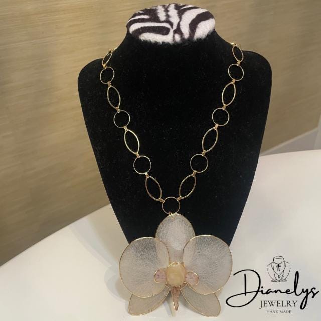 Orchid Necklace in Resin Handmade Gold Chain Pink and Gold Accents Botanical Jewelry Art