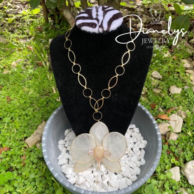 Orchid Necklace in Resin Handmade Gold Chain Pink and Gold Accents Botanical Jewelry Art