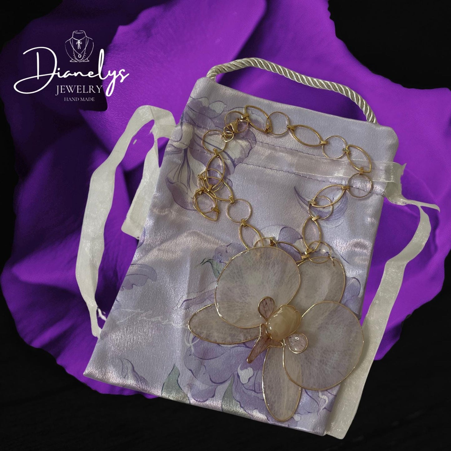 Orchid Necklace in Resin Handmade Gold Chain Pink and Gold Accents Botanical Jewelry Art
