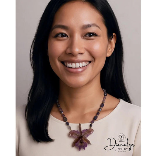 Purple Ocrhid Neckace with Purple Iredescent Beads Handmade Only 1