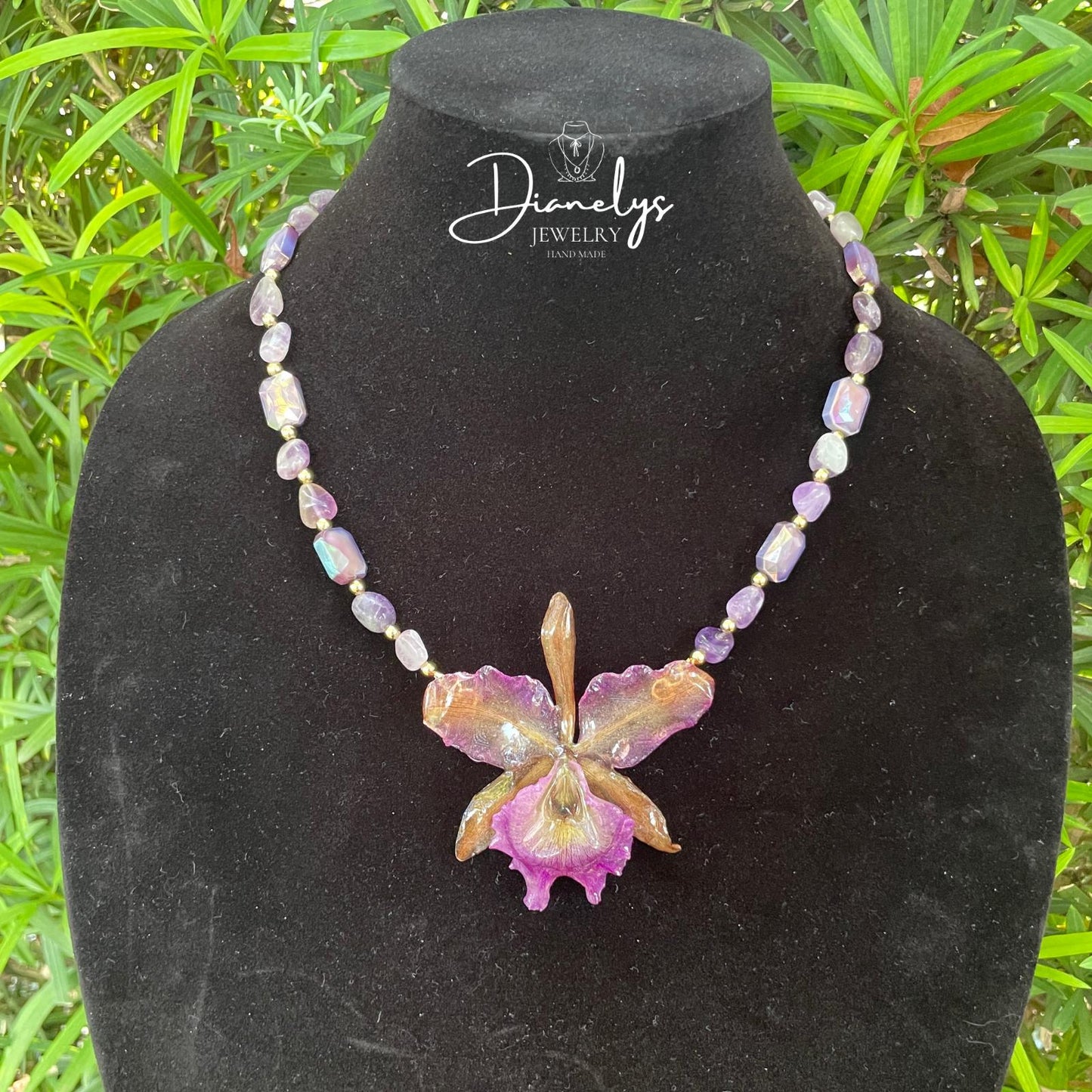 Purple Ocrhid Neckace with Purple Iredescent Beads Handmade Only 1