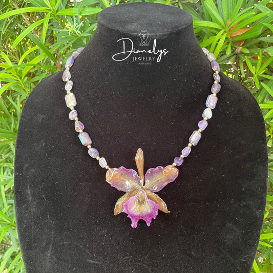 Purple Ocrhid Neckace with Purple Iredescent Beads Handmade Only 1