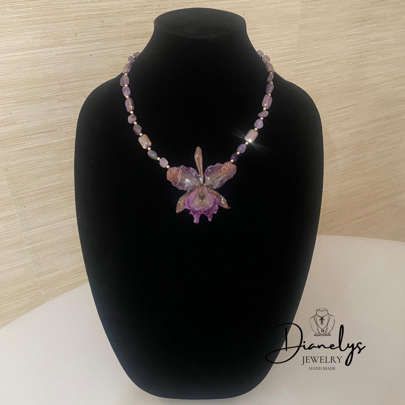 Purple Ocrhid Neckace with Purple Iredescent Beads Handmade Only 1