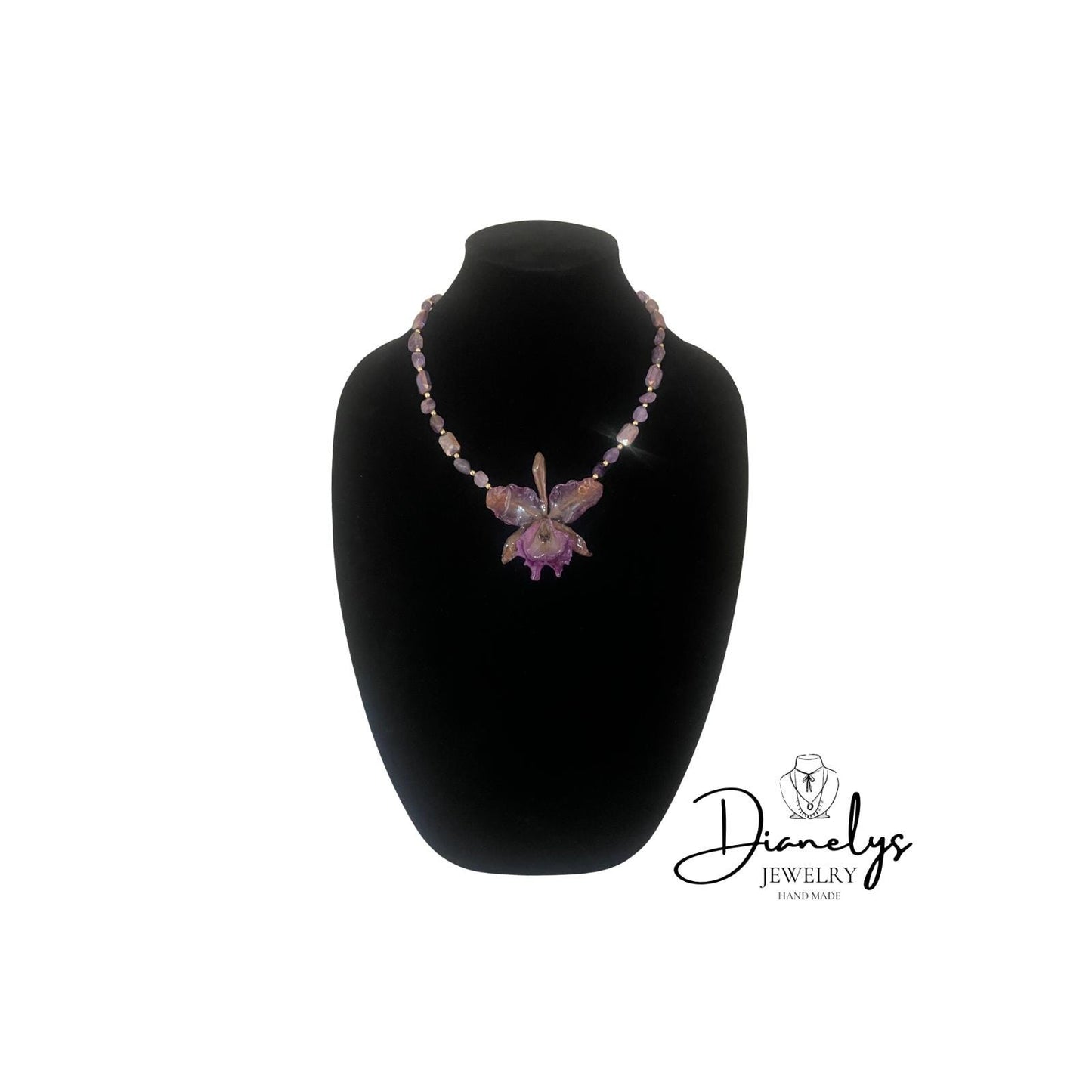 Purple Ocrhid Neckace with Purple Iredescent Beads Handmade Only 1