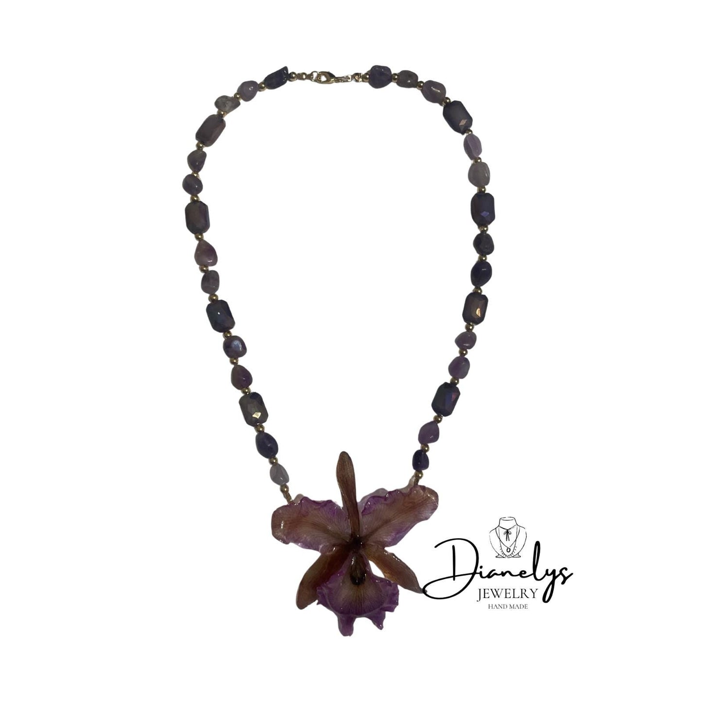 Purple Ocrhid Neckace with Purple Iredescent Beads Handmade Only 1