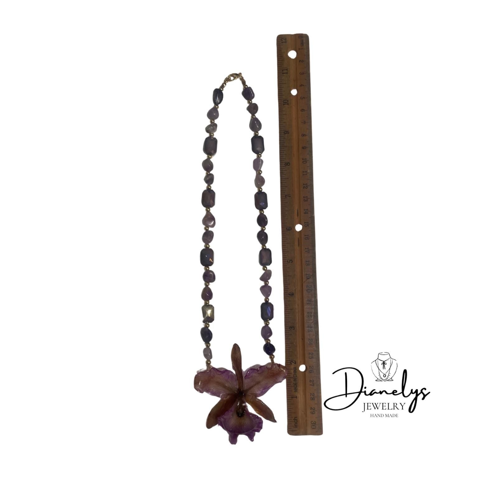 Purple Ocrhid Neckace with Purple Iredescent Beads Handmade Only 1