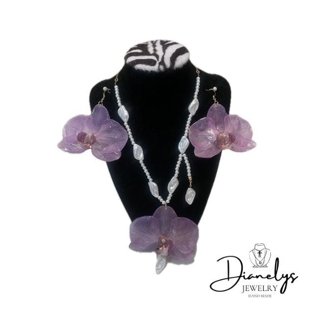 Purple Orchid Flower Jewelry Set Necklace & Earrings with Faux Pearls