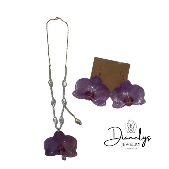 Purple Orchid Flower Jewelry Set Necklace & Earrings with Faux Pearls