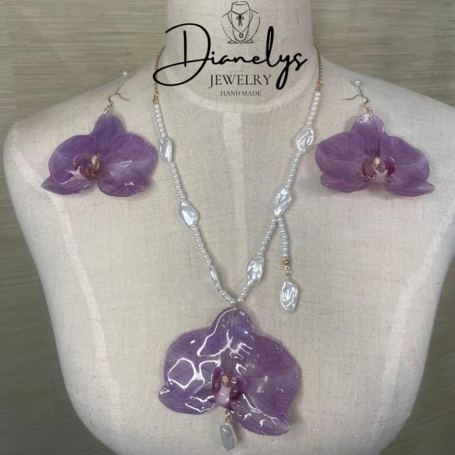 Purple Orchid Flower Jewelry Set Necklace & Earrings with Faux Pearls