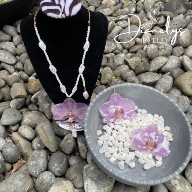Purple Orchid Flower Jewelry Set Necklace & Earrings with Faux Pearls
