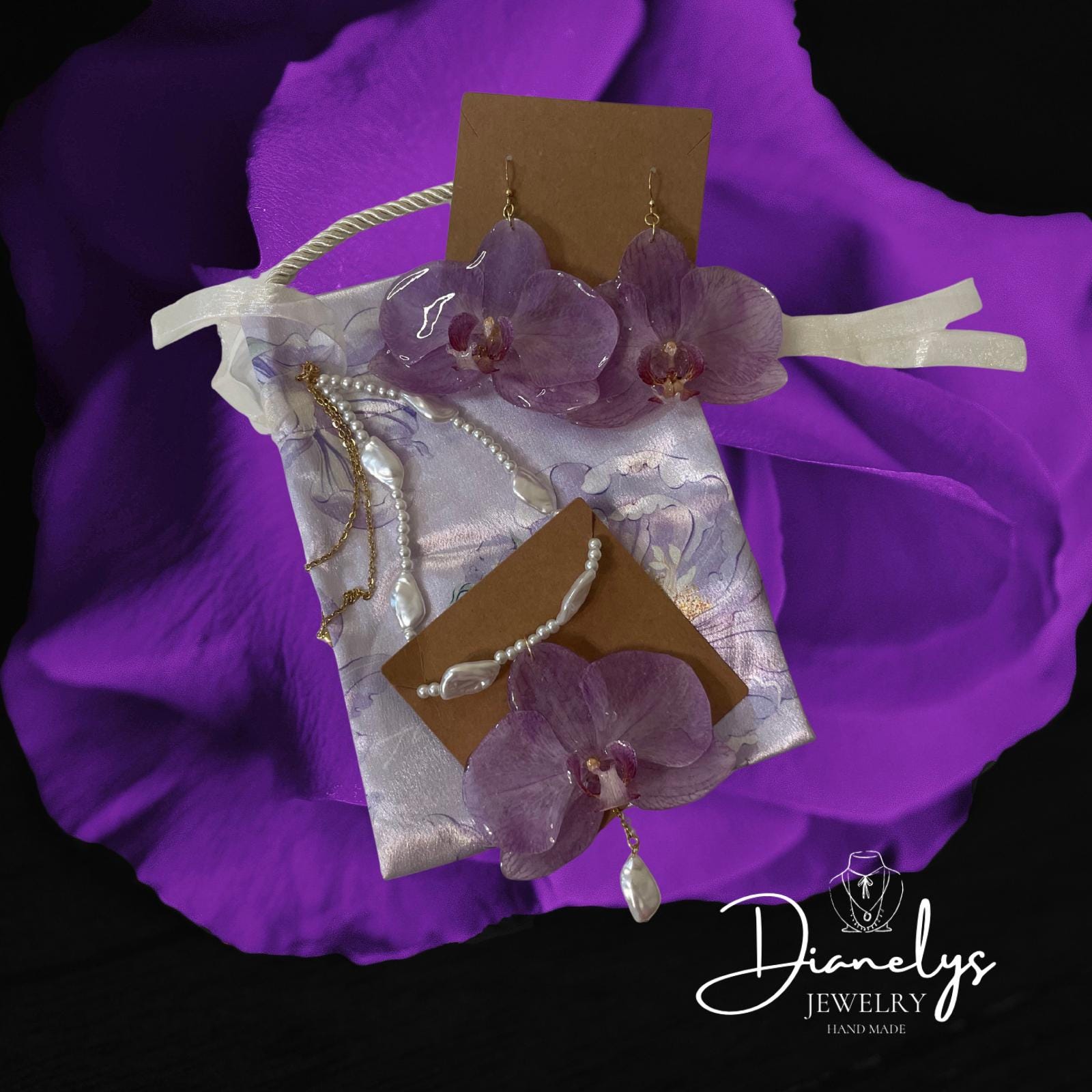 Purple Orchid Flower Jewelry Set Necklace & Earrings with Faux Pearls