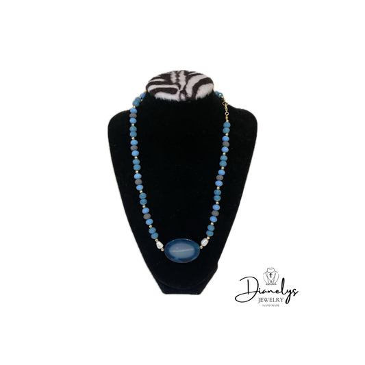 Blue Agate Beaded Necklace with Pearl Accents – Handmade Gold Necklace – Statement Pendant Jewelry – Gift for Her