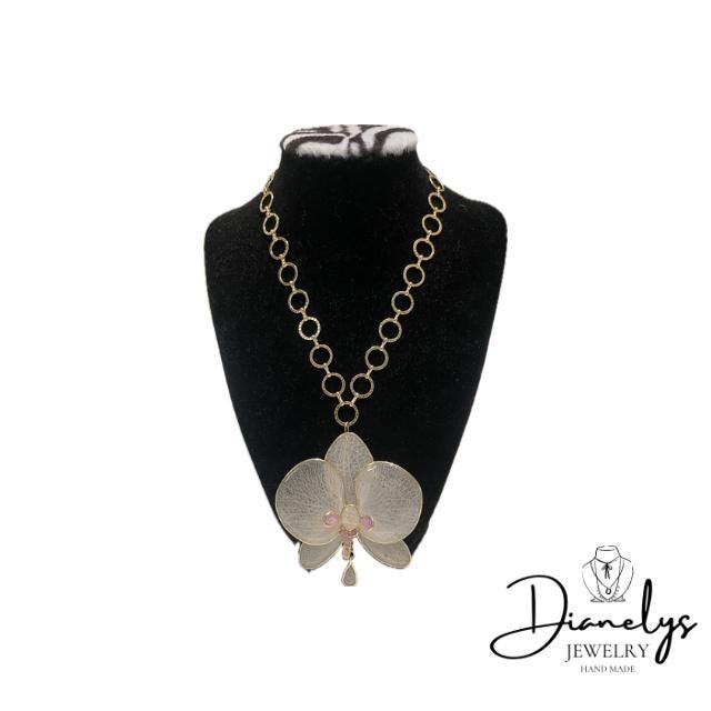 Real Orchid Flower Choker Necklace with Gold Tone Link Chain Resin-Preserved Bloom Handmade in Miami Fl