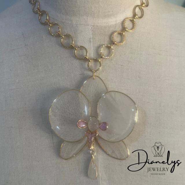 Real Orchid Flower Choker Necklace with Gold Tone Link Chain Resin-Preserved Bloom Handmade in Miami Fl
