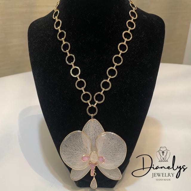 Real Orchid Flower Choker Necklace with Gold Tone Link Chain Resin-Preserved Bloom Handmade in Miami Fl