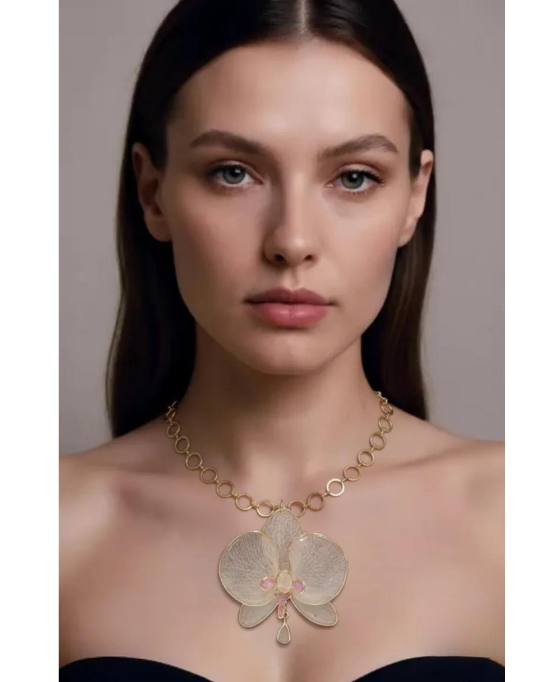 Real Orchid Flower Choker Necklace with Gold Tone Link Chain Resin-Preserved Bloom Handmade in Miami Fl