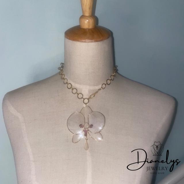 Real Orchid Flower Choker Necklace with Gold Tone Link Chain Resin-Preserved Bloom Handmade in Miami Fl