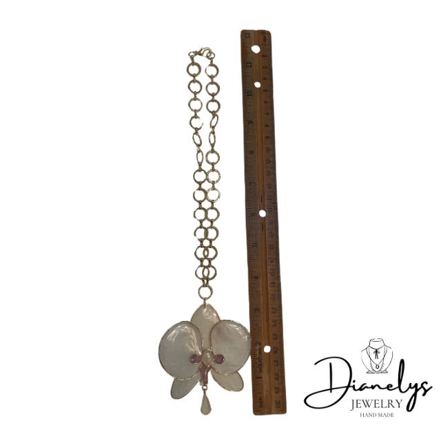 Real Orchid Flower Choker Necklace with Gold Tone Link Chain Resin-Preserved Bloom Handmade in Miami Fl