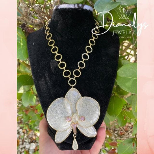Real Orchid Flower Choker Necklace with Gold Tone Link Chain Resin-Preserved Bloom Handmade in Miami Fl